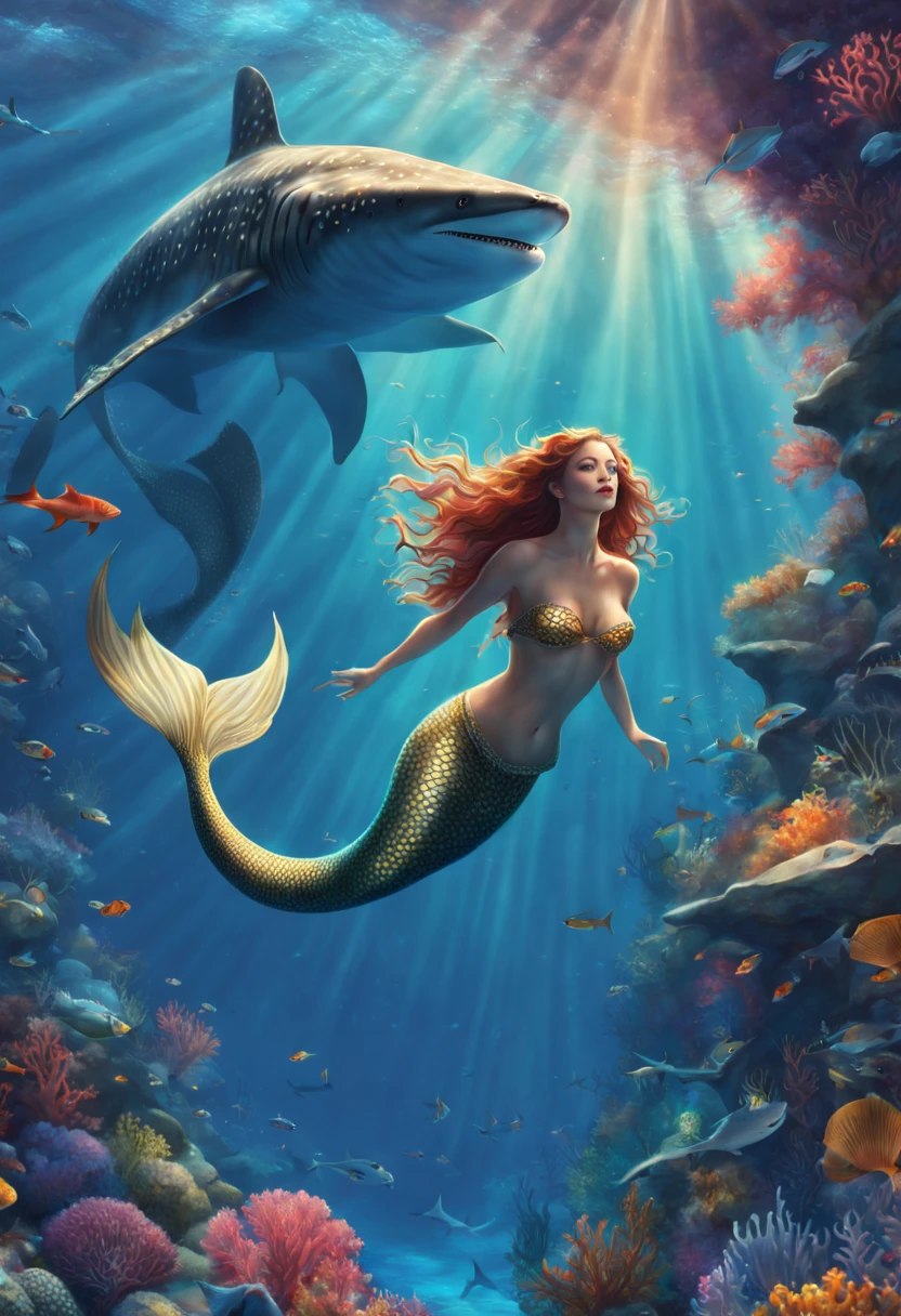 breathtaking A fantasy digital illustration of a mermaid gracefully swimming alongside a whale shark, vibrant coral reef below, rays of sunlight beaming down, colorful fish surrounding them, mystical and serene . award-winning, professional, highly detailed