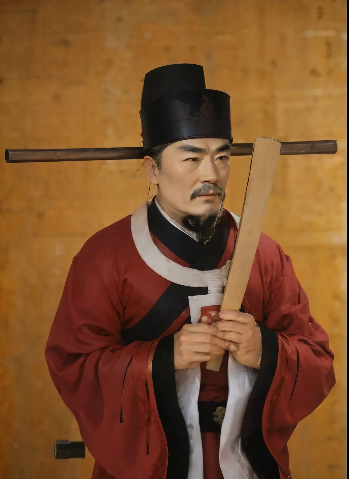 Draw a picture of a red robe with a round collar、holding wat board in hand，Man in hat, Inspired by Dong Yuan, inspired Emperor Xuande, feng shu, pan ren wei, Inspired by Yang Buzhi, Inspired by JANASHANLE, inspired by Guan Daosheng, Inspired by Song Huizong, hua cheng, Inspired by Huang Ding, Emperor Xuande