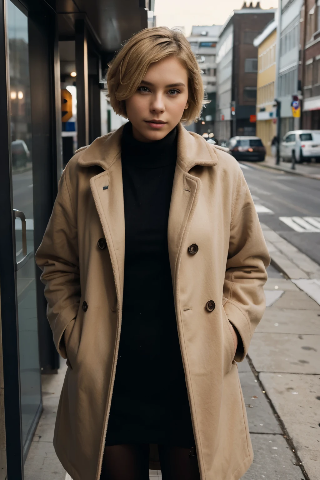 busy road, (fallenstyle2:0.8), a woman with a blonde afro wearing a beige trench coat, blonde afro, curly hair, red horned glasses