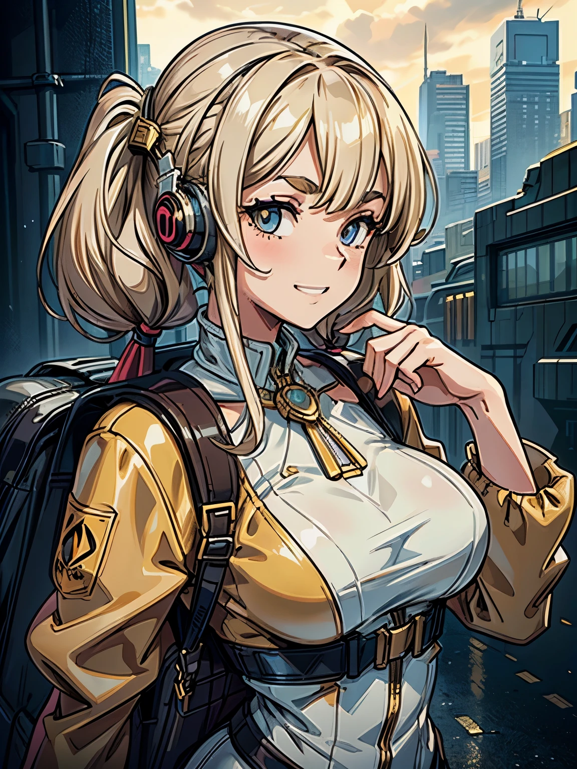 masterpiece, best quality, ultra detailed, 1girl, solo, flat color, cel shading, solid outline, ultra detailed face, face close-up, (head shot:1.6), upper body, from above, grin, claw pose, beautiful girl, (parallel double eyelids:1.4), ((droopy eyes)), light brown low twintails hair with bangs, ((light brown thin eyebrows)), wearing ivory latex bikini with golden jacket, put on headphone, carry a backpack, (((medium breasts))), residential area in cyberpunk city, thunderhead in the sky, midsummer
