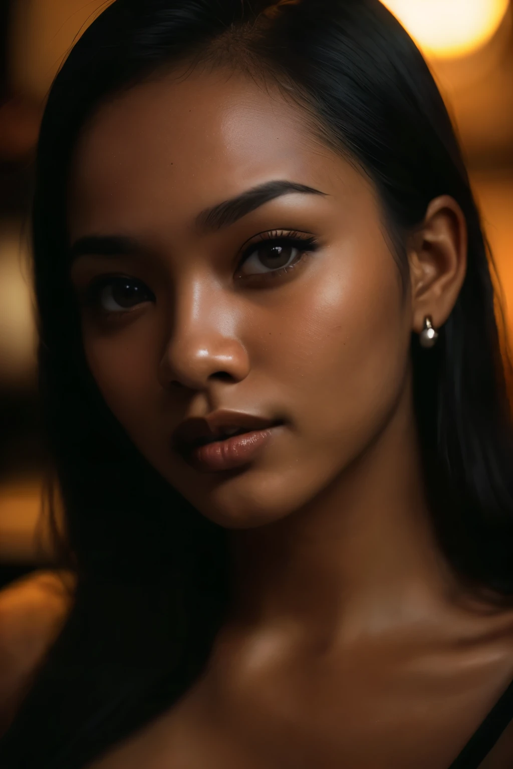 sexy, cleavage, (close-up, editorial photograph of a  javanese woman), (highly detailed face:1.4) (smile:0.7) (background inside dark, moody, private study:1.3) POV, by lee jeffries, nikon d850, film stock photograph ,4 kodak portra 400 ,camera f1.6 lens ,rich colors ,hyper realistic ,lifelike texture, dramatic lighting , cinestill 800,