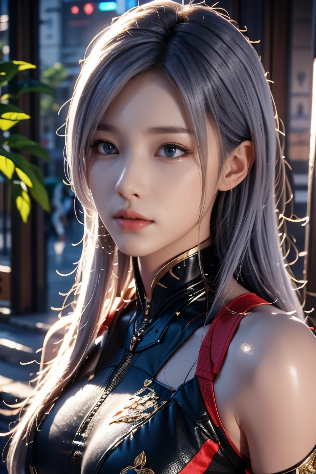 Game art,The best picture quality,Highest resolution,8K,((A bust photograph)),((Portrait)),(Rule of thirds),Unreal Engine 5 rendering works, (The Girl of the Future),(Female Warrior),22岁少女,(Purple hair,Short hair casual),(Future-style military wear,A beautiful eye full of detail),(Big breasts),(Eye shadow),优雅迷人,微笑,(皱眉),(Clothes full of futuristic sci-fi style,Sweater,A delicate pattern,Glittering jewels,Armor,White and red),赛博朋克人物,未来风格, 拍照姿势,街道背景,Movie lights,Ray tracing,Game CG,((3D Unreal Engine)),oc渲染反射纹