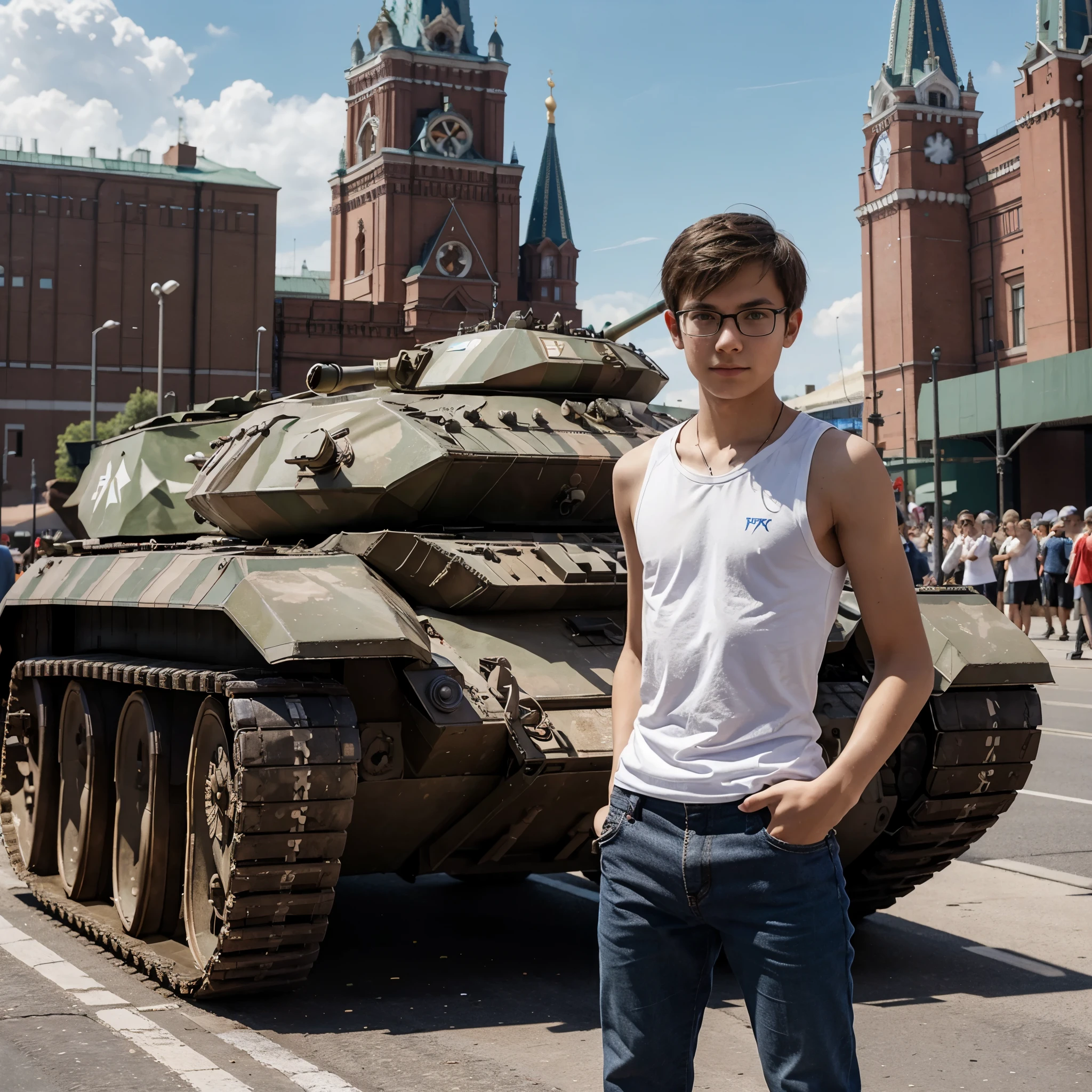 A thin teenage boy with glasses stands against the background of a parade of fantastic tanks on Red Square