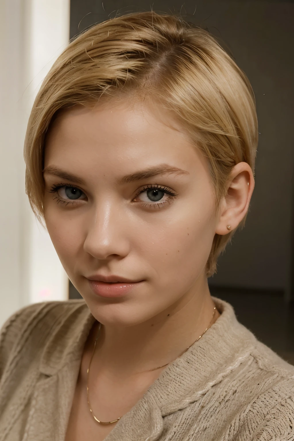 self confident young woman with short blond hair is looking down on you in a bossy style