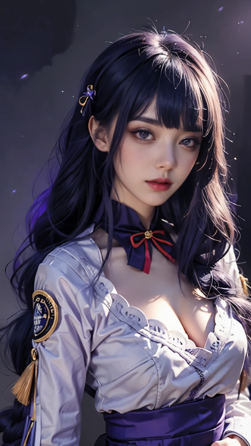 huge moon in night sky,clean background,There is a girl in front of the moon,Close-up of girl,Purple hair big breasts,purple hair,very long hair,thick braid,Beautiful hair accessories,purple eyes,long eyelashes,Cold expression,super super huge ,Very deep cleavage,Wearing a white sailor suit,blue pleated skirt,8K portrait rendering,(fidelity,fidelity:1.4),best quality ,masterpiece, illustration, extremely delicate and beautiful, Very detailed