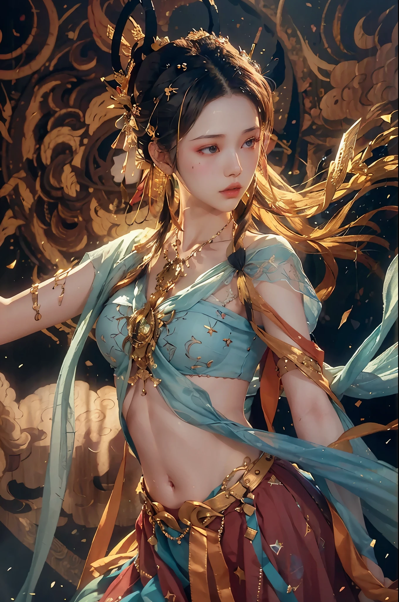 (original photo, best quality), (actual, photo-actual:1.3),best quality,Very detailed,masterpiece,Super detailed,illustration,1 girl,superior_Body,dynamic angle,world masterpiece theater,messy_long_hair,best quality,Extremely detailed CG unified 8k wallpaper,ink,Astonishing,Cinema lighting,lens_flare,,Dunhuang_style