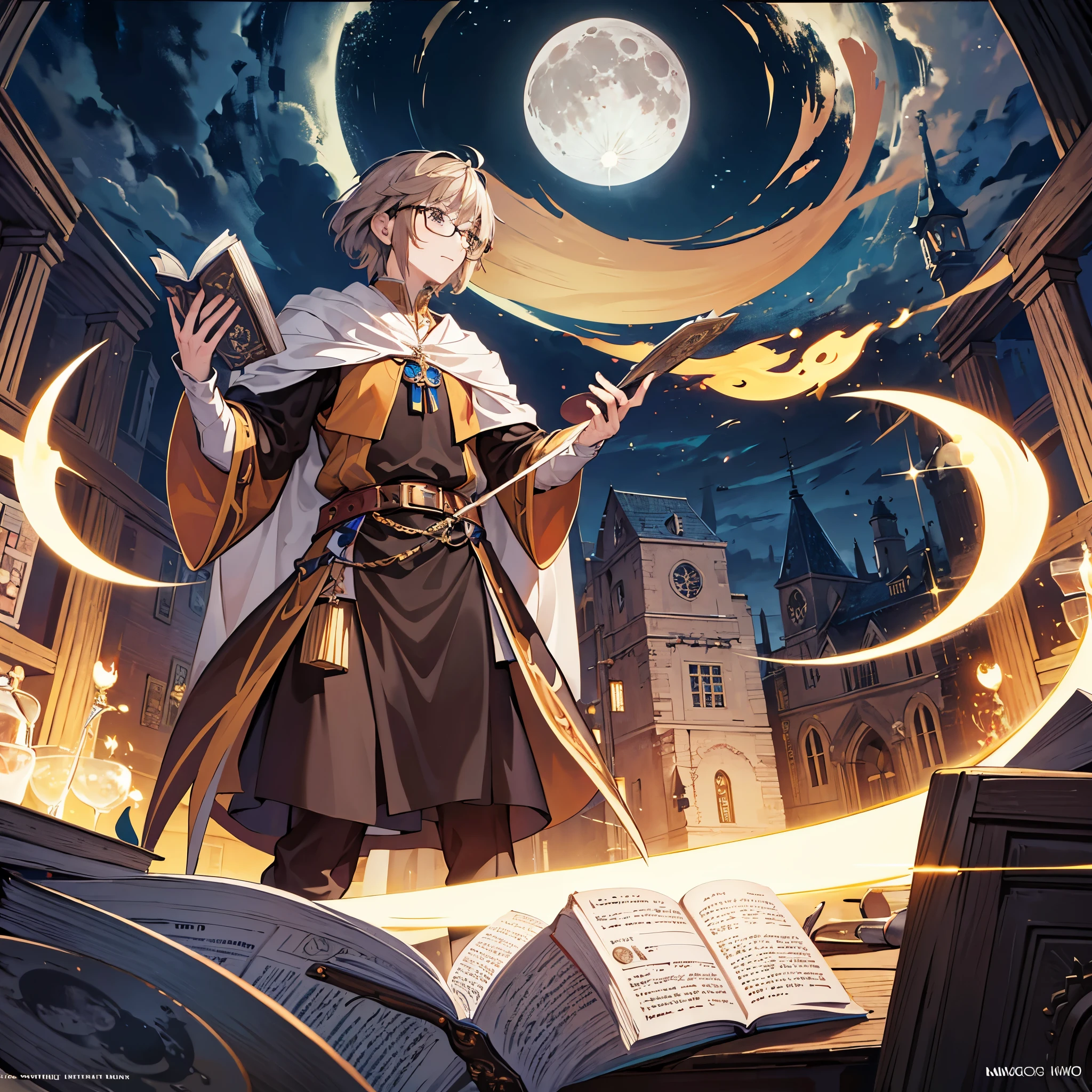 Highly detailed CG Unity 8K wallpaper, incredibly absurd, super detailed, best illustrations, male, middle ages, the magician has a book, Brown, short hair, wear glasses, ((moon)), anime style, masterpiece, highest quality