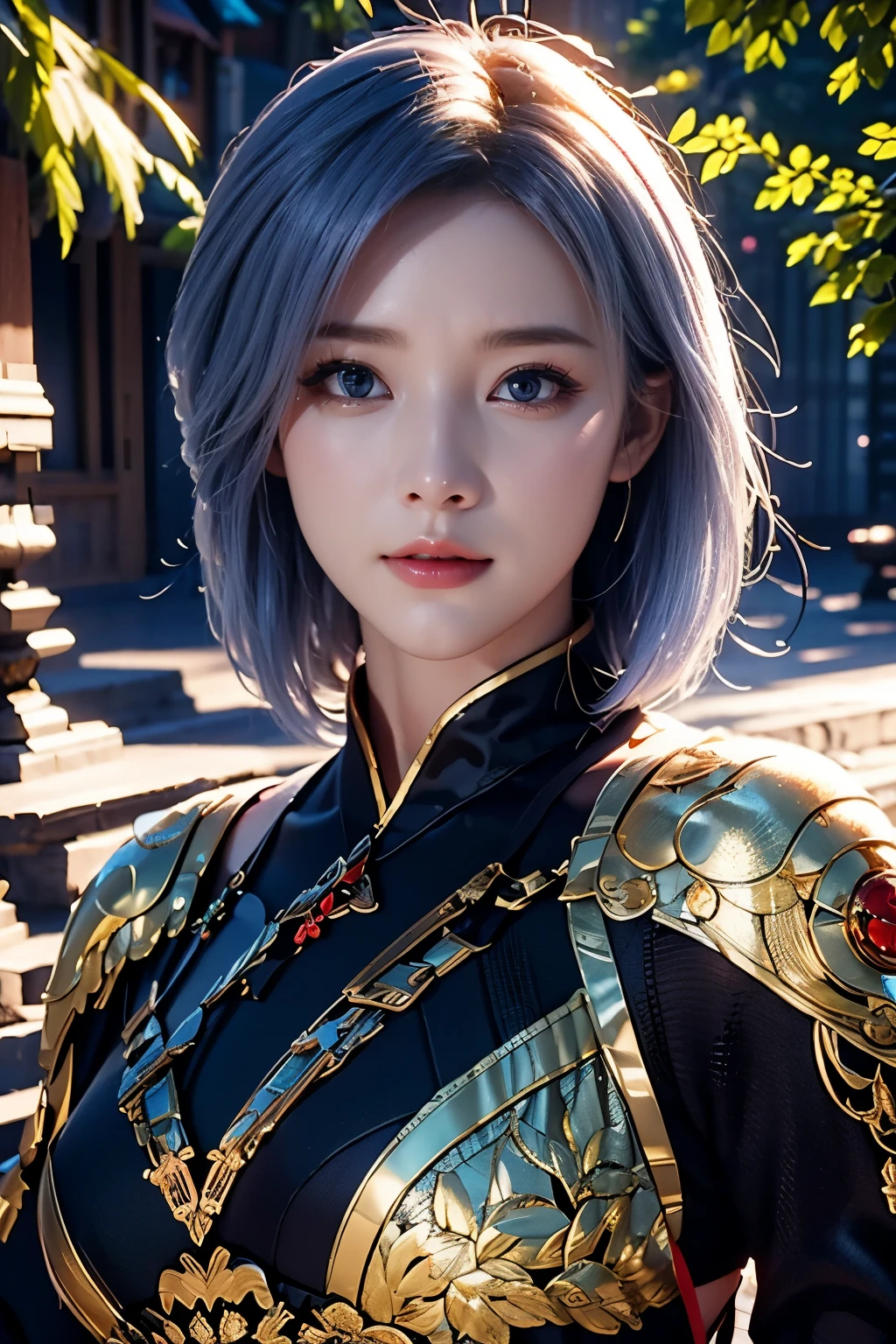 Game art，The best picture quality，Highest resolution，8K，((A bust photograph))，((Portrait))，(Rule of thirds)，Unreal Engine 5 rendering works， (The Girl of the Future)，(Female Warrior)，22岁少女，(Purple hair，Short hair casual)，(Future-style military wear，A beautiful eye full of detail)，(Big breasts)，(Eye shadow)，优雅迷人，微笑，(皱眉)，(Clothes full of futuristic sci-fi style，Sweater，A delicate pattern，Glittering jewels，Armor，White and red)，赛博朋克人物，未来风格， 拍照姿势，街道背景，Movie lights，Ray tracing，Game CG，((3D Unreal Engine))，oc渲染反射纹