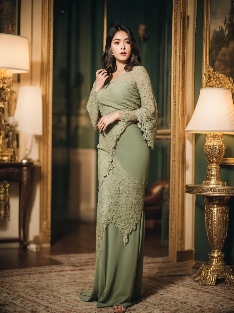 A captivating and elegant 30-year-old woman exuding allure and sophistication,l, adorned with intricate lace details and complemented by sparkling accessories, standing amidst a luxurious, opulent setting with soft ambient lighting, evoking a sense of timeless beauty and grace, Photography, using a full-frame DSLR camera with a portrait lens to capture fine details and subtle expressions, --ar 16:9 --v 5(best quality,8k,highres,masterpiece:1.2),ultra-detailed,(realistic,photorealistic,photo-realistic:1.37),beautiful expressive eyes,long eyelashes,beautiful detailed lips,detailed hair and face, acmm ls outfit, wearing acmm top, olive green acmm top, long sleeves, wearing acmm long skirt, olive green acmm long skirt, printed skirt