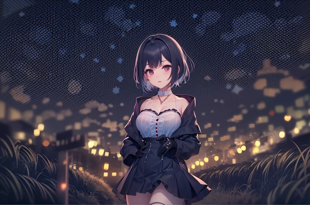8K,Beauty, erotic body, Cute type, anime、 night background, cute clothes, midnight, big breasts, short hair,countryside