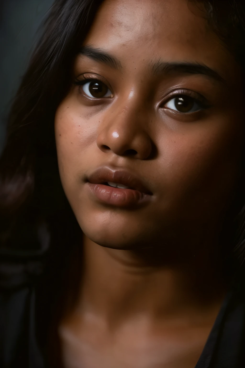 sexy, cleavage, (close-up, editorial photograph of a 15 year old javanese woman), (highly detailed face:1.4) (smile:0.7) (background inside dark, moody, private study:1.3) POV, by lee jeffries, nikon d850, film stock photograph ,4 kodak portra 400 ,camera f1.6 lens ,rich colors ,hyper realistic ,lifelike texture, dramatic lighting , cinestill 800,