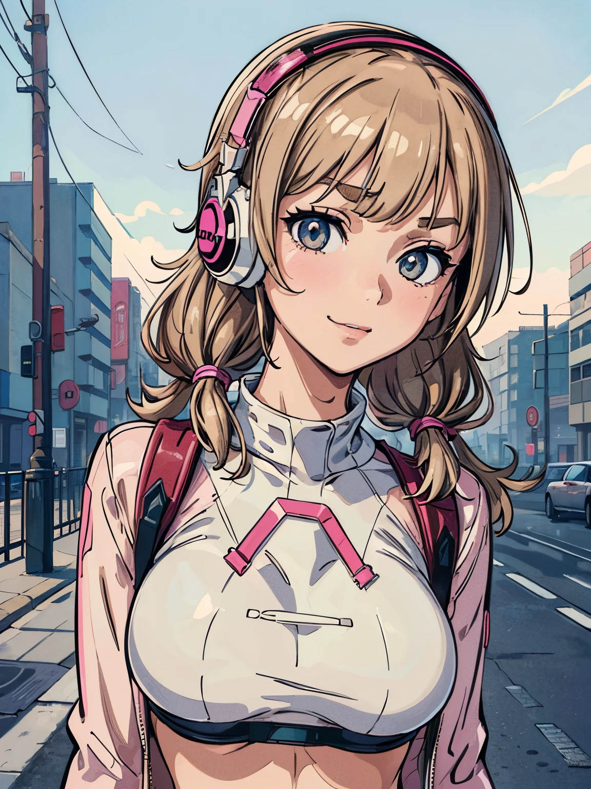 masterpiece, best quality, ultra detailed, 1girl, solo, flat color, cel shading, solid outline, shoot from front, face close-up, (head shot:1.6), upper body, smiling, claw pose, beautiful girl, (parallel double eyelids:1.4), ((droopy eyes)), light brown low twintails hair with bangs, ((light brown thin eyebrows)), wearing pink latex bikini with ivory jacket, put on headphone, carry a backpack, (((medium breasts))), tial area in cyberpunk city, thunderhead in the sky, midsummer