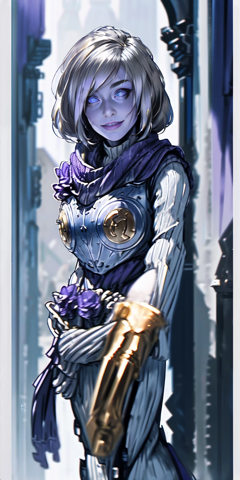 (Triplets)(chest covered)(smile)Gray skin, pale golden hair and violet eyes. They prefer clothing of white and silver with cloaks of deep blue or purple,village background, huge_knockers, ((very precise detailed)), ((highres)