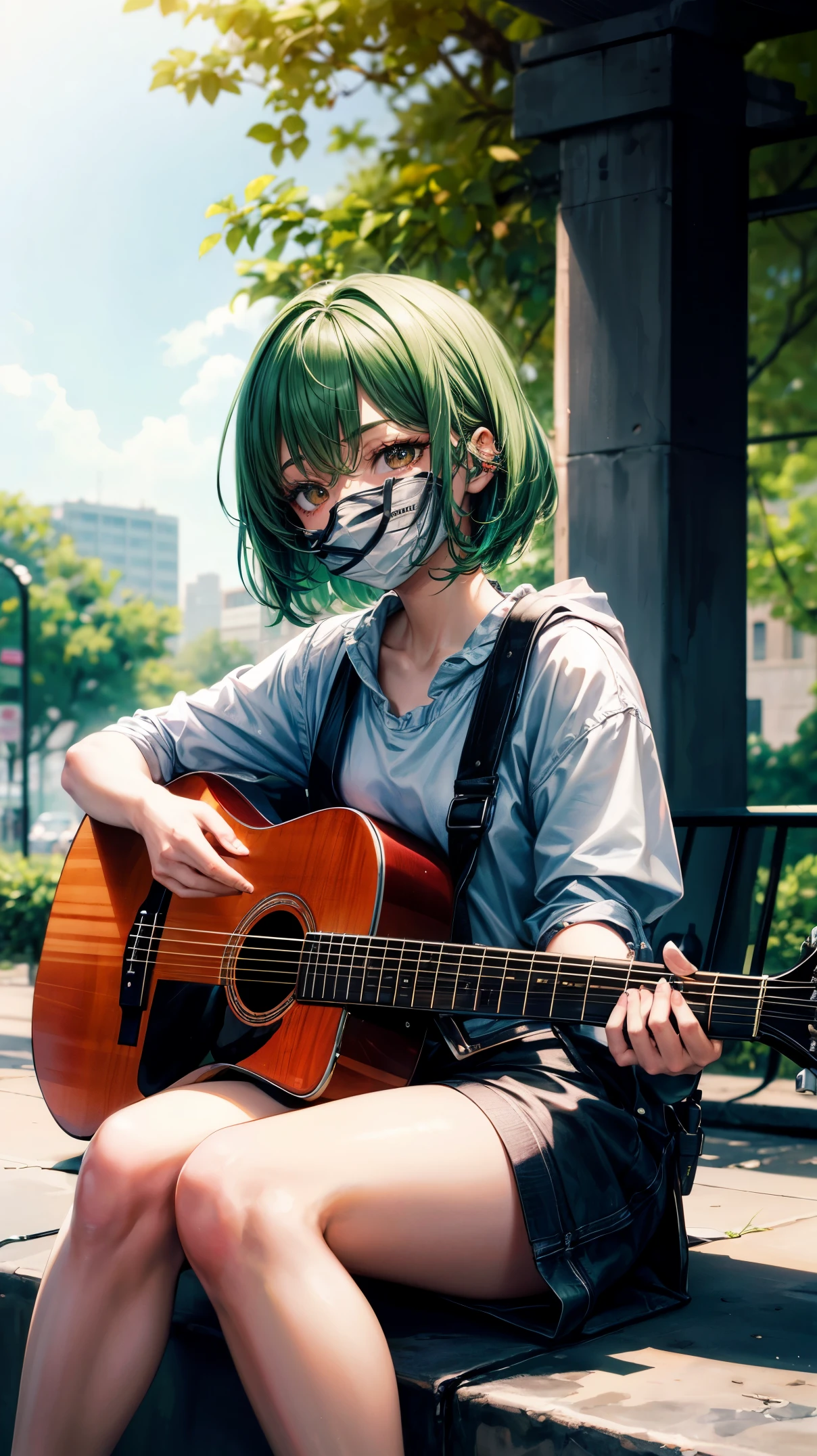 masterpiece, high quality, Best quality, highres, 1girl, solo, green hair, brown eyes, sitting on the park, playing guitar,