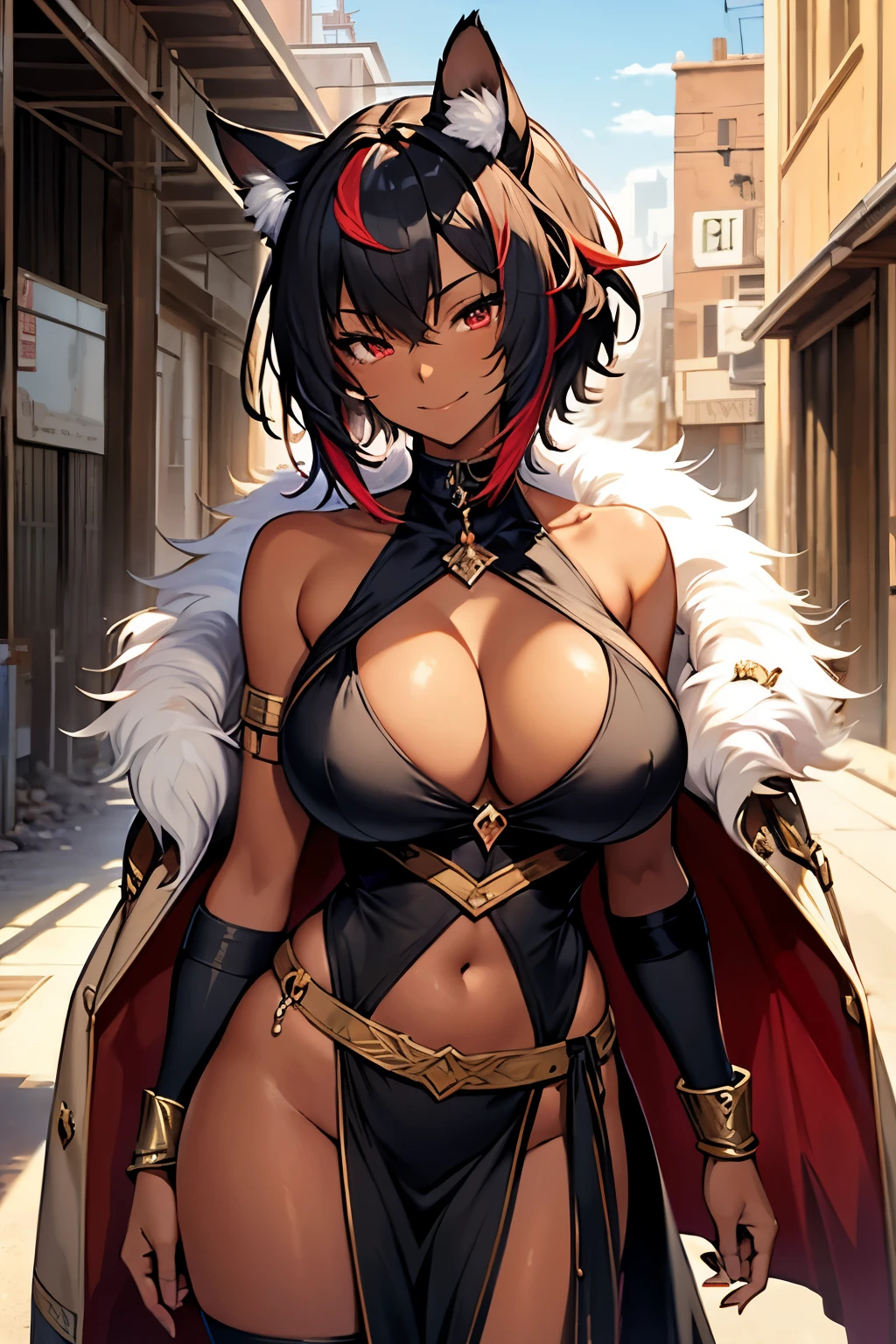 (masterpiece, best quality:1.2), illustration, 8k, hd, solo, 1girl, ((tan, dark skin)), black hair, red eyes, Egyptian, hair ornaments, large breasts, ((cat ears, short hair,)) voluptuous, fur-trimmed coat, black halter dress, armlet, pelvic curtain, seductive smile, seductive smirk, looking at viewer, indoors, cowboy shot, multicolored hair, red streaked hair, hourglass figure, (((desert, outdoors,)))