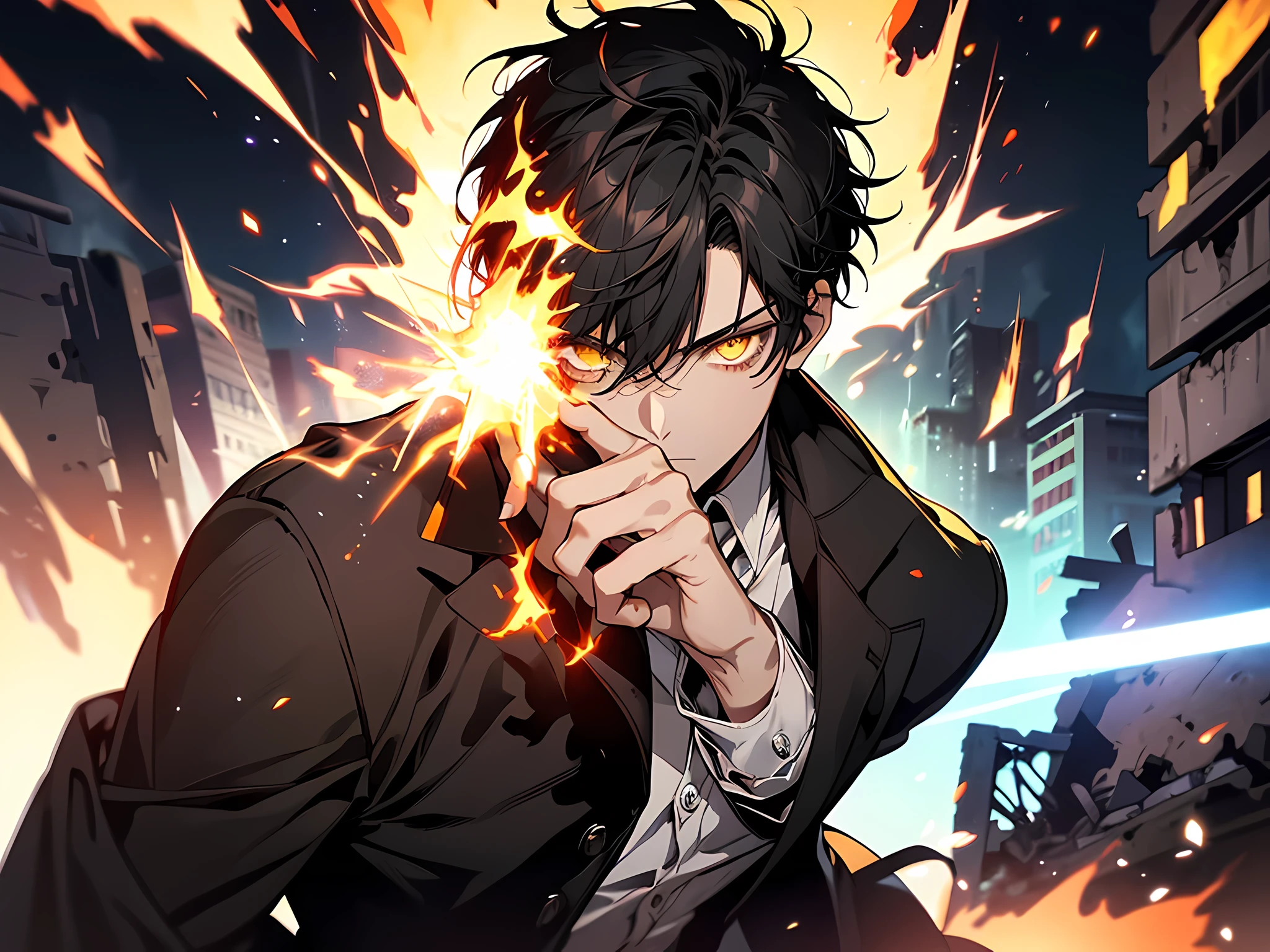 (1 boy) black short hair, yellow eyes, wearing white shirt, his hands is made out of iron and have fire on it, this character has red glowing aura on his eyes, demon lord aura, colorful glowing aura in the air, the background is on destroyed building with big explosion, glowing colorful aura covering his body
