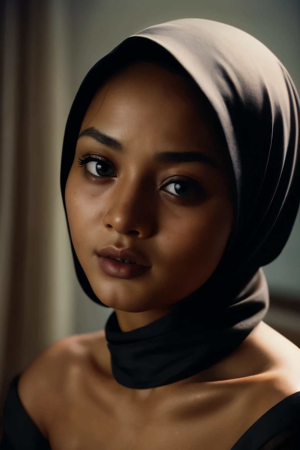 hijabi, sexy, cleavage, (close-up, editorial photograph of a javanese woman), (highly detailed face:1.4) (smile:0.7) (background inside dark, moody, private study:1.3) POV, by lee jeffries, nikon d850, film stock photograph ,4 kodak portra 400 ,camera f1.6 lens ,rich colors ,hyper realistic ,lifelike texture, dramatic lighting , cinestill 800,