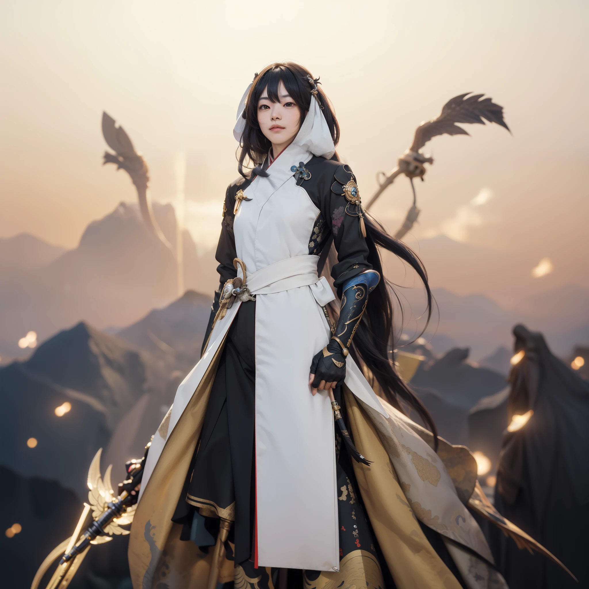 ((Zhongli morax_GENSHIN IMPACT)),((realistic, photorealistic)),(highlight hair)), Light reflection, (( HD )),((upper body)), (((best quality, masterpiece))), (masterpiece) (best quality) (detail) (8k) (HDR) (wallpaper) (cinematic lighting) (sharp focuasterpiece, best quality: 1.1), 1men solo, Zhongli, shadow, Particles light, background Background of sharp black clouds and mountains,back light,Zhongli Spear genshin impact