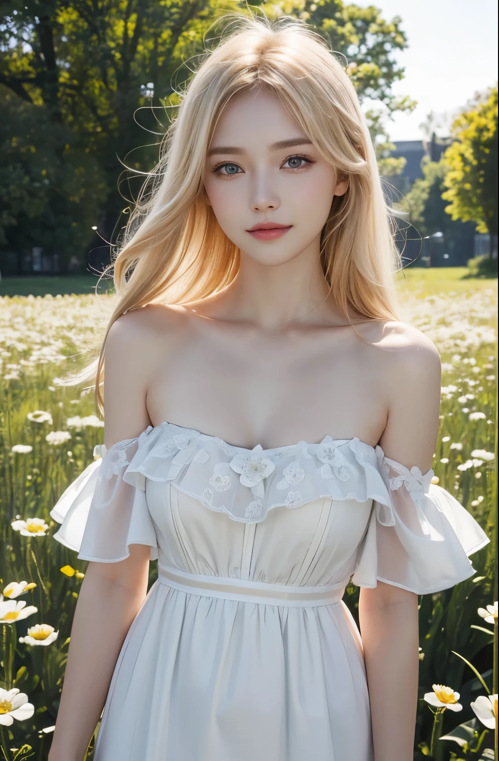 Best quality, masterpiece, ultra high res, (photorealistic:1.4), raw photo, 1girl (charming Russian model Nata Lee), Light blonde hair color, white dress, off shoulder, flower field, glowing skin, light smile
