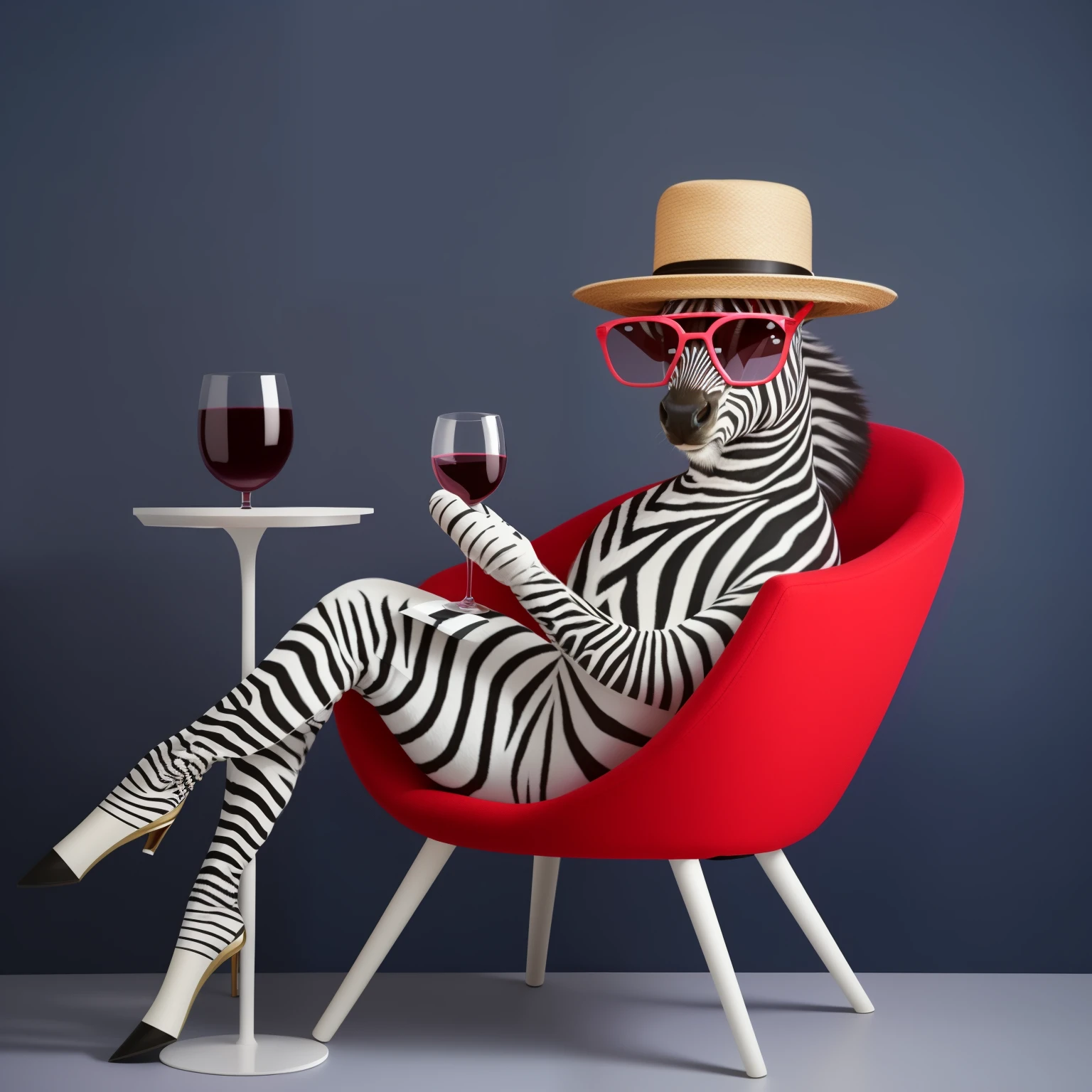 zebra sitting in a chair with a glass of wine and a hat, enjoy a glass of wine, throw a cool , 辛苦一天后Relax, drink wine, Looks cool and stylish, zebra, with a bottle of wine, Relax!, author:Derek Zabrocki, Animals in hats, Artist unknown, Brave personality, Wine themed