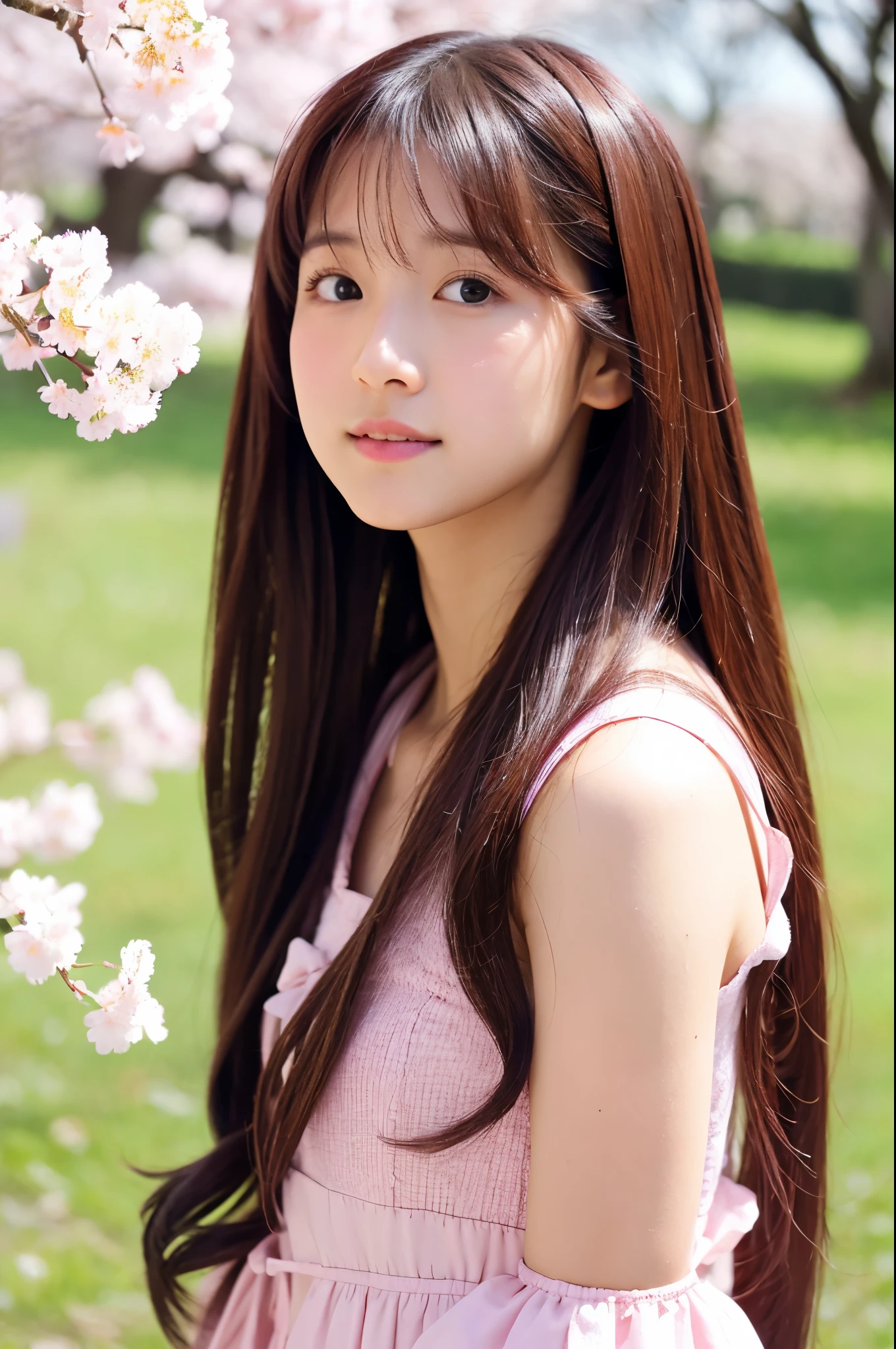 Long-haired pink JK girl looking at cherry blossoms