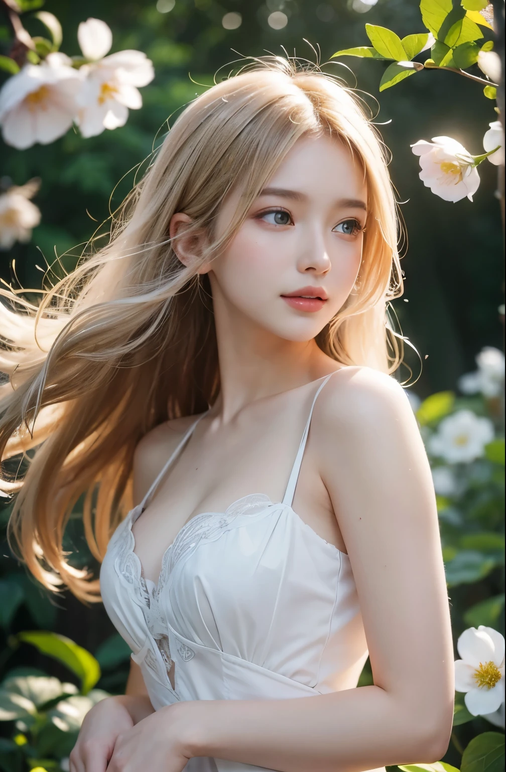 (Best quality,4K,A high resolution,Ultra-detailed,Realistic:1.37),Vivid colors, Sunlight, light rays, bergamot, white blossoms, Beautiful girl (charming Russian model Nata Lee), Light blonde hair color, Exquisite features,Flowing hair, Serene expression, Garden setting, Elaborate dress, Soft sunlight, Gentle breeze, Cheerful ambiance, Backlit scene, a hint of smile, ethereal glowing, Fresh in the morning, Long shadows, harmony of nature, subtle reflections, Natural beauty, Twinkling dewdrops, Clear detail, serenity and calm, Sublime ingredients, Arrive at the branch, whispering leaves,Aromatherapy petals, with light glowing, Sparkling highlights, Subtle shadows, Soft focus, Sublime beauty, Whisper natural, Fantastical Atmosphere, Illuminated background.