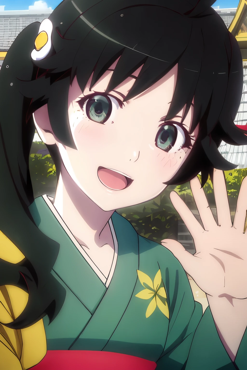 masterpiece, highest quality, ultra high resolution, highest quality, anime style, best writing, beautiful face, 1 girl, alone,  Ren Araki, long hair,  side ponytail, Ahoge, (green kimono:1.3), (Yellow band:1.3), Egg garnish, 
city background,  In front of the station, extreme close up, smile, open your mouth, (Home garden:1.3), wave hands