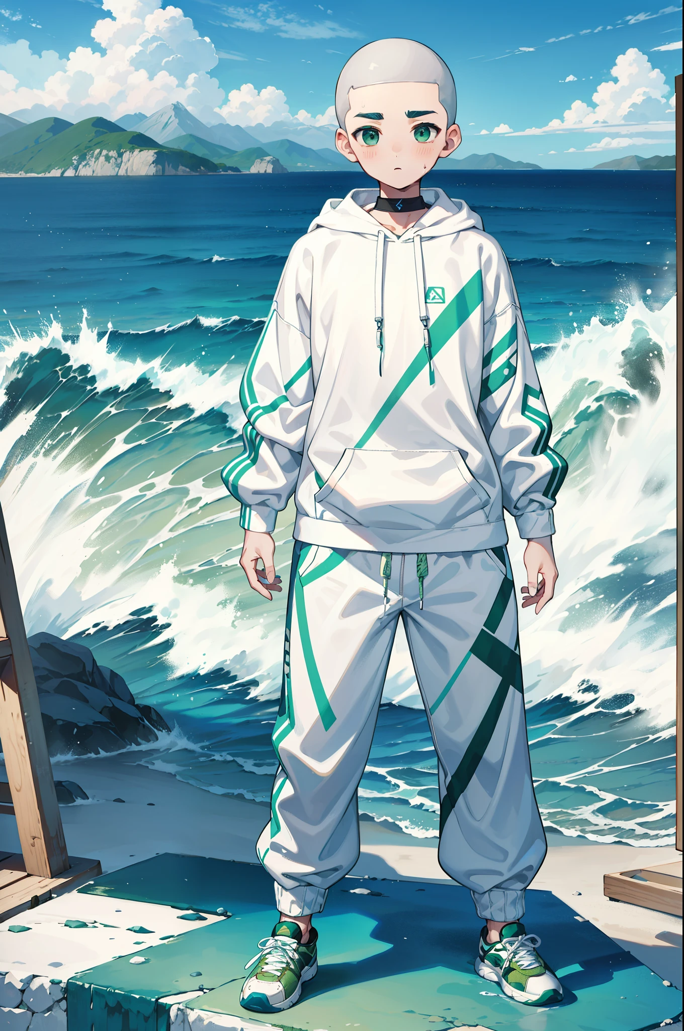 a boy,mountain and sea wave combined，Masculine male，Thick eyebrows，Buzz cut，frontage，Standing painting，full bodyesbian，Full body standing painting，white Hoodies，sweat pants，The clothing is printed with auspicious patterns of continuous green mountains and sea.，White and green clothing，sports shoes