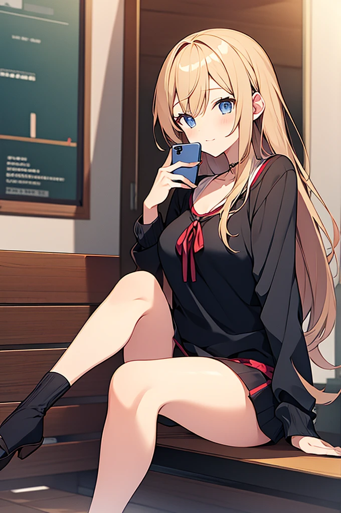 anime girl sitting, holding phone