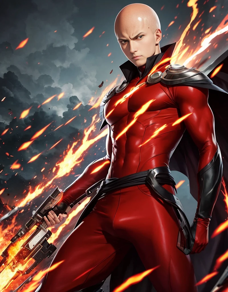 "Get lost in the mesmerizing gaze of Saitama's piercing red eyes,He effortlessly controls the element of fire with an effortlessly handsome demeanor."