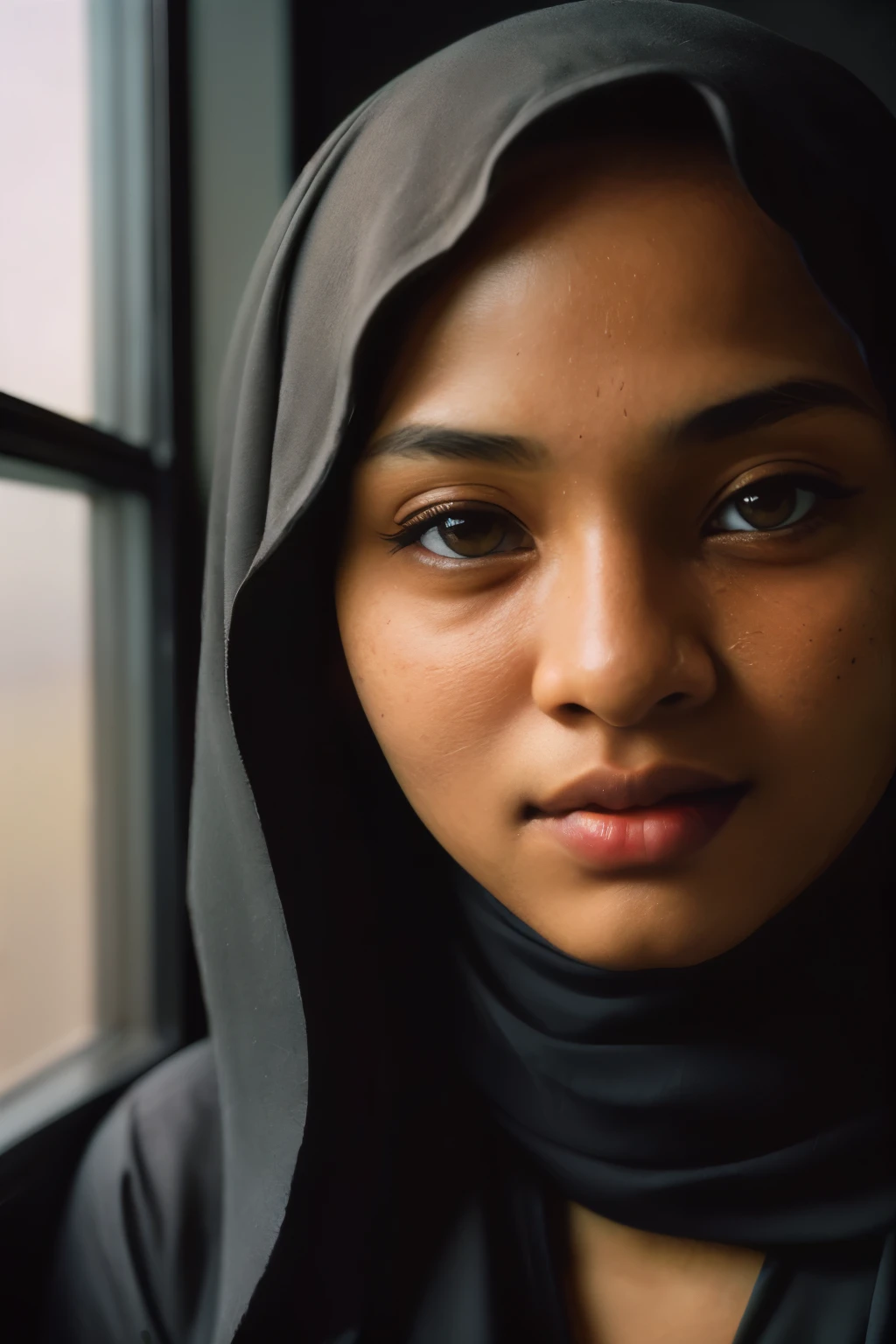 hijabi, sexy, cleavage, (close-up, editorial photograph of a 15 year old javanese woman), (highly detailed face:1.4) (smile:0.7) (background inside blinding, moody, private study:1.3) POV, by lee jeffries, nikon d850, film stock photograph ,4 kodak portra 400 ,camera f1.6 lens ,rich colors ,hyper realistic ,lifelike texture, dramatic lighting , cinestill 800,