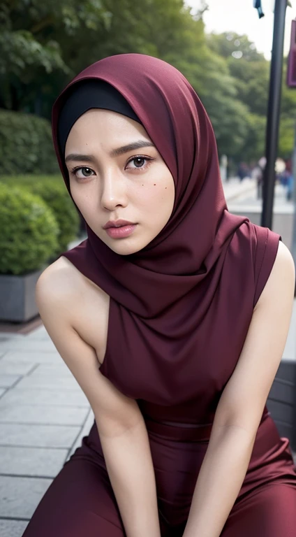 Beautiful fair skin matured malay girl in hijab seating in crowded city garden bench angry, 40 years old, milf, angry pose, angry face, ultra detail face, detail skin texture and wrinkle, crowded street in night, wearing modern plain satin hijab, maroon color hijab, small breast, flat chest, wide waist, thick thighs, bright lighting, white lighting, dramatic lighting, high quality, cinematic movie shot angle and framing, weeding ring, bracelet and watch, nsfw, show pubic hair, naked, show vagina, seductive face, open leg, look into camera, mole near lip, nude, rainy 