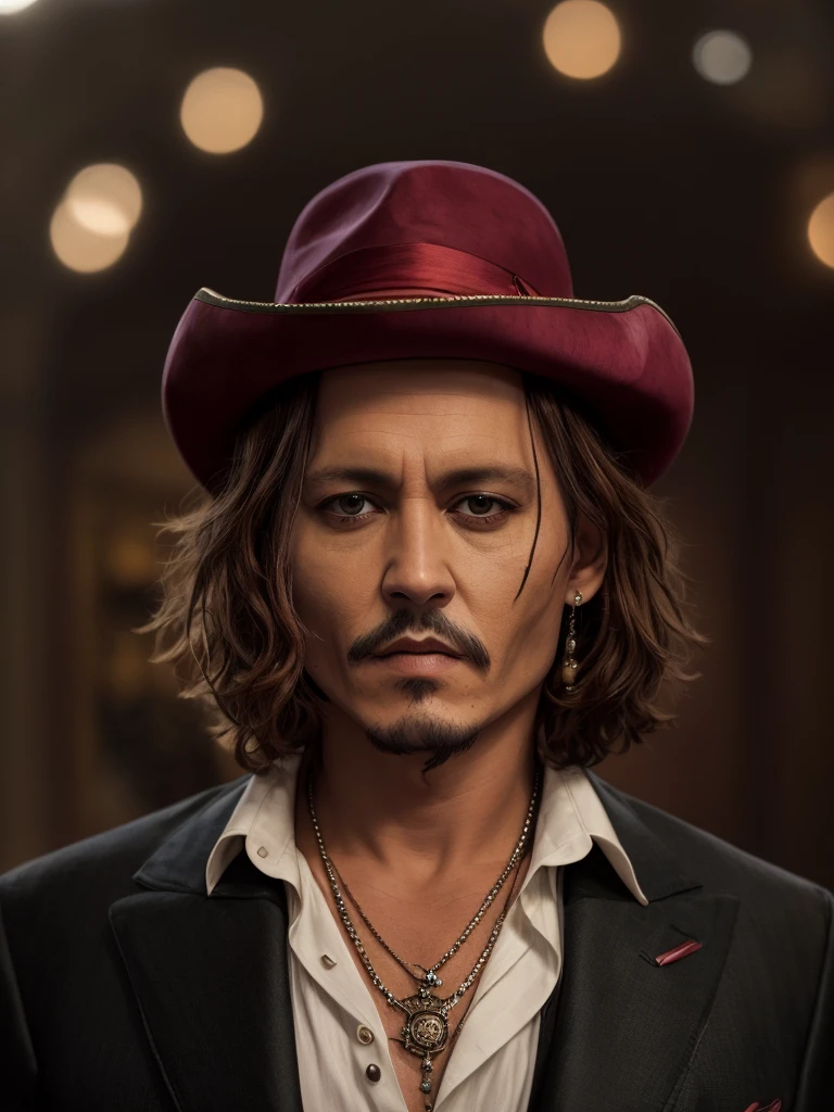 wearing hat and suit、Alafid man wearing necklace and necklace, portrait of Johnny depp, Johnny depp portrait, Johnny depp, Johnny depp as tony stark, frank dillane, artistic, Johnny depp as the joker, jack sparrow, portrait of captain jack sparrow, here's Johnny, Portrait shooting 8K, Johnny, 4k still