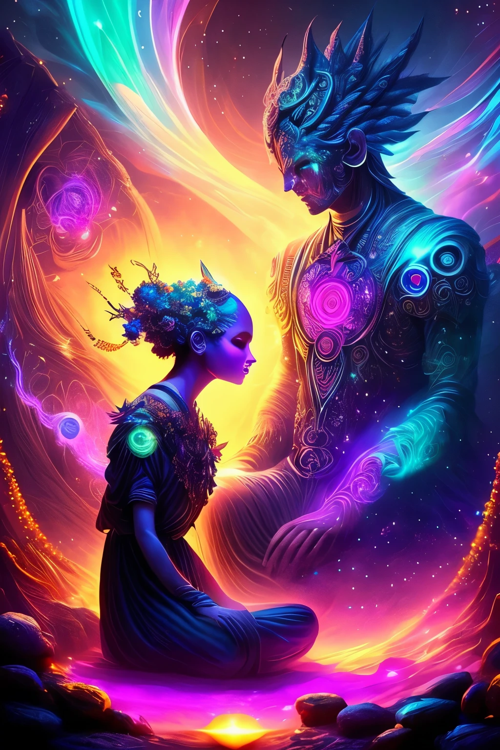 Celestial and cosmic beings with glowing light eyes depicted in a hyperdetailed, vibrant, and colorful ultra HD 16k digital art scene. The biomechanical beings emanate an eerie and creepy aura with their nightmarish designs, consisting of very bright colors and light particles that seem to radiate and shimmer. The enchanting beings of Mshiff are captured in this intricately detailed wallpaper art, accompanied by shadows and depth that heighten the fantasy atmosphere. The celestial girl and god are depicted in a cosmic room, sitting meditatively on the floor and radiating powerful cosmic energy through their magical and radiant auras. Vapor and