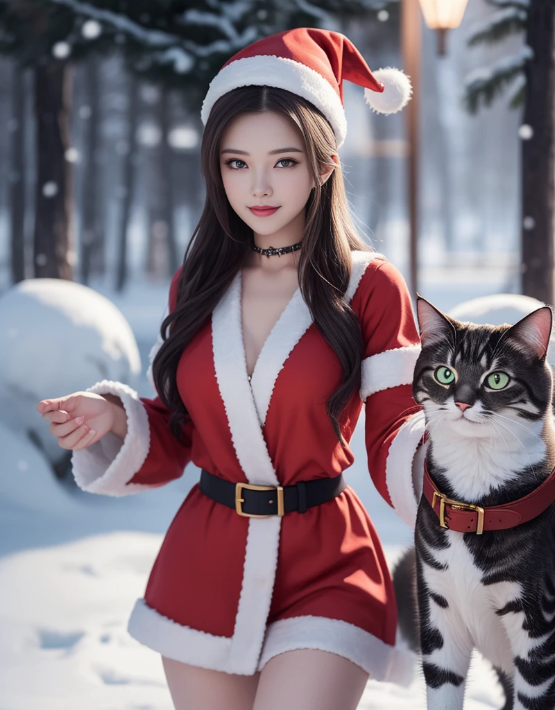 (aesthetic, high resolution: 1.2), Full body portrait of a beautiful 20 year old woman,Wearing an exquisite red boby Santa Claus costume, Symmetrical garment construction, Bright and clear eyes, a happy expression, Change your hairstyle, falling snow, snow on hair. Professional photographer, Minimalism, concept art, intricate details, 8K post-production, HD, Ultra-detailed, Popular topics on Artstation, sharp focus, art dark studio photo, 细节 intricate details, Very detailed, author:Greg Rutkoski, Professional light and dark art, bright colors. Outdoor winter scene with snow at night, faint smile, Real art, Many hairstyles and color variations, enthusiastic mood, seductiveexpression, sexy lips, moist lips, The eyes are full, Attractive appearance, tempting pose. 3D vector art、caliber cat、Cat in Santa Claus hat、cat with bell collar、cute christmas gift, cat hair、Surreal quality, Cute and quirky, fantasy art, Branded watercolor effect, girl hugging a cat.