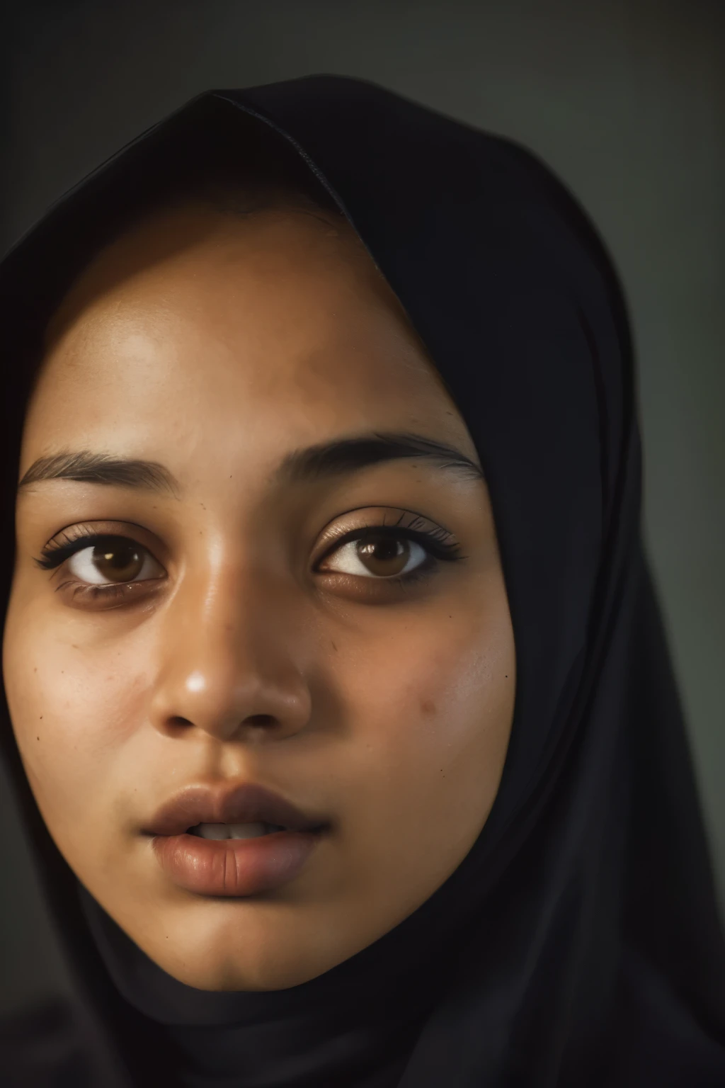 hijabi, sexy, cleavage, (close-up, editorial photograph of a 15 year old javanese teen), (highly detailed face:1.4) (smile:0.7) (background inside blinding, moody, private study:1.3) POV, by lee jeffries, nikon d850, film stock photograph ,4 kodak portra 400 ,camera f1.6 lens ,rich colors ,hyper realistic ,lifelike texture, dramatic lighting , cinestill 800,