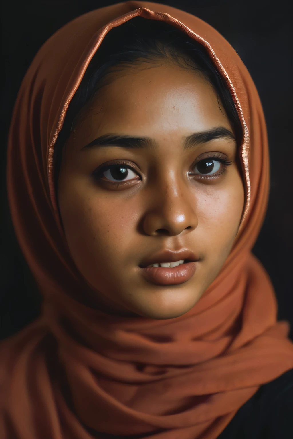 hijabi, sexy, cleavage, (close-up, editorial photograph of a 15 year old javanese teen), (highly detailed face:1.4) (smile:0.7) (background inside blinding, moody, private study:1.3) POV, by lee jeffries, nikon d850, film stock photograph ,4 kodak portra 400 ,camera f1.6 lens ,rich colors ,hyper realistic ,lifelike texture, dramatic lighting , cinestill 800,