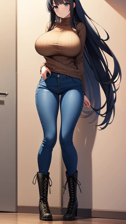 5 foot 5 inch Anime woman wearing a sweater and low rise blue jeans (black knee high lace up boots, has large breasts, thick thighs, straight long hair, full character image,) back view, standing, in a allyway