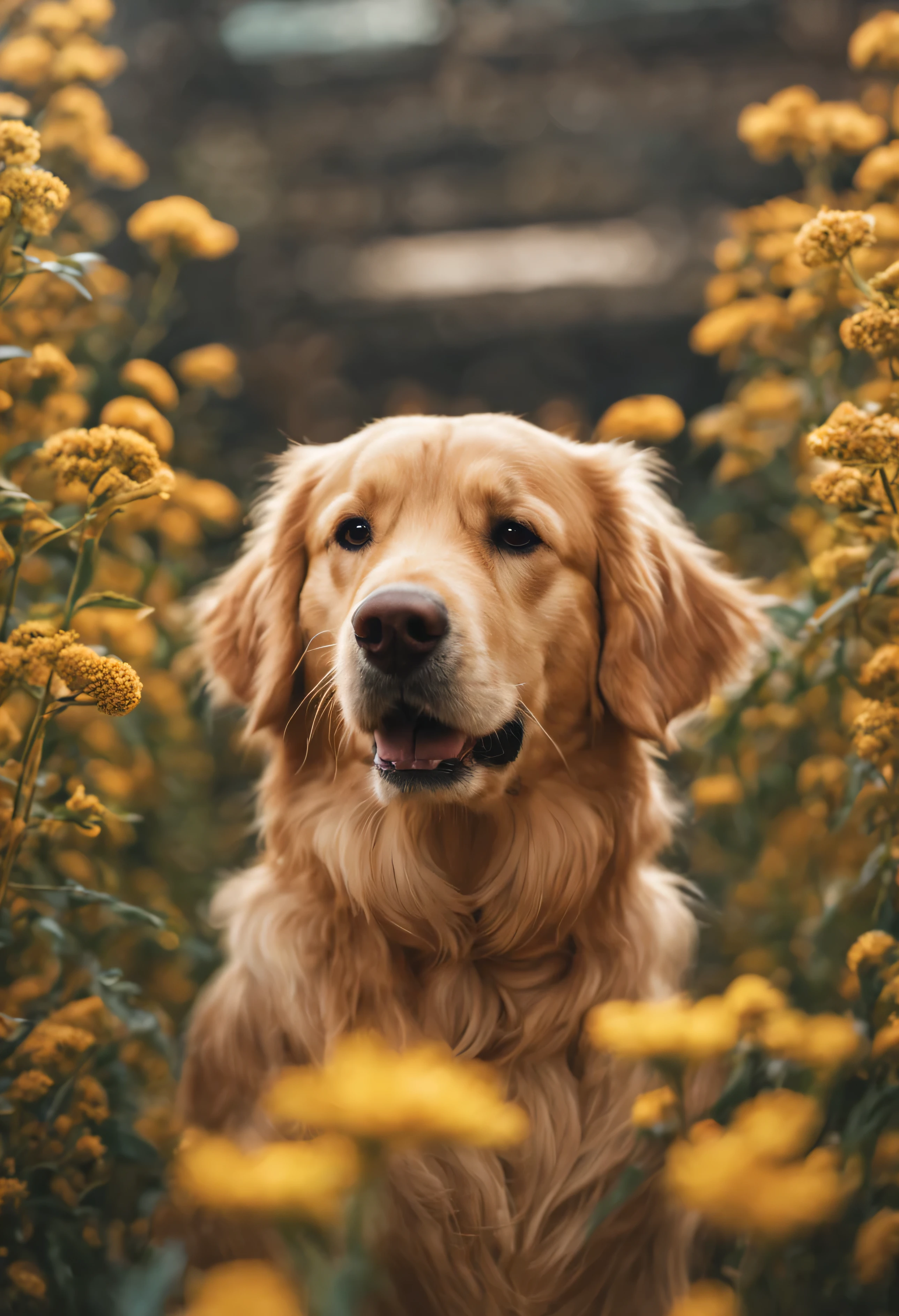Perfect centralization, Fantasy golden beam, standing posture, golden retriever, center, looking at camera, face camera, almost perfect, Dynamic, Very detailed, seeds, sharp focus, 8k, high resolution,cyber style