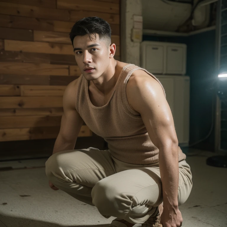 top-quality、masterpiece、超A high resolution、(realisitic:1.4)、详细的脸、独奏、1human male、The upper part of the body、Dark hair、glistning skin、dense skin、((asian human))、architectural、(absurderes、hight resolution、ultra-detailliert)、、1 male、Adults、(20-year-old man)、tall muscular man、broad shoulder、extra very short hair、angular jaws、thick neck、thick eyebrow、((extra very short hair))、A dark-haired、fine eyes and detailed face、 Highly detailed CG Unity 8K wallpapers、intricate-detail、(Style Swirl Magic:0.7)、looking at the spectator、独奏、(full body Esbian:0.6)、细致背景、A detailed face、dynamicposes、、Urban background、dynamic compositions、 big muscle、、(((Crotch bulge)))、 ((masutepiece:1.4, Best Quality)), ((masutepiece, Best Quality)), (photographrealistic:1.4)、(((soldier)))、vests、 Pubic hair, Open legs, Arms raised and crossed behind the back, abdominals, ((Erection 1.2)), emphasis, (Moccoli: 1.4), (Manly chest plate)), Sweating,, Blood vessels in the arm、3D,shitu-mecha, Beautiful cyberpunk man with mech in the ruins of an abandoned war city, Ancient Technology,nffsw(HighDynamicRange),光线追踪,NVIDIA RTX,Hyper-Resolution,Unreal 5,Sub-surface scattering,PBR Texturing,Postprocess,Anisotropy Filtering,depth of fields,Maximum clarity and sharpness,multi-layer texture,Albedo and specular maps,Surface Shading,accurate simulation of light and material interactions,perfectly proportions,octane renderings,two tone lighting,Low ISO,White Balance,thirds rule,Wide aperture,8K Raw,Efficient Subpixel,sub-pixel convolution,Luminescent particles,light scattering,ray gun,M-shaped legs are spread、Squatting