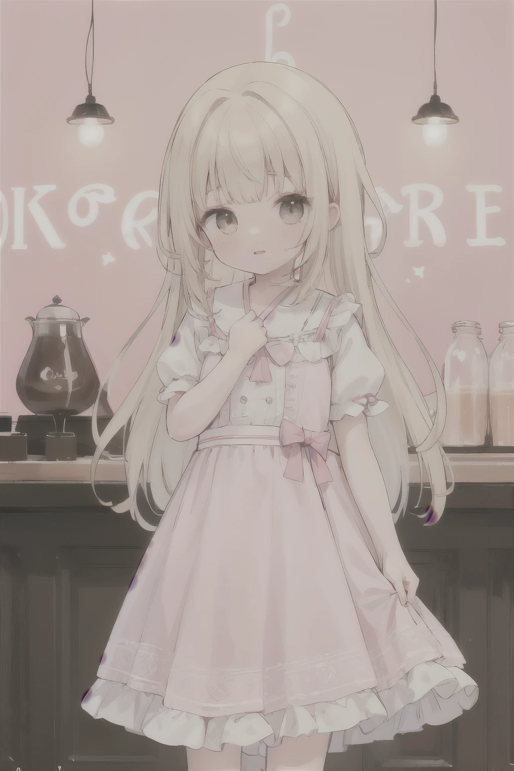 Cute Girl, Blonde with brown eyes, in a korchnev dress, Against the background of Kaveh, Café in pink tones, Pink background

