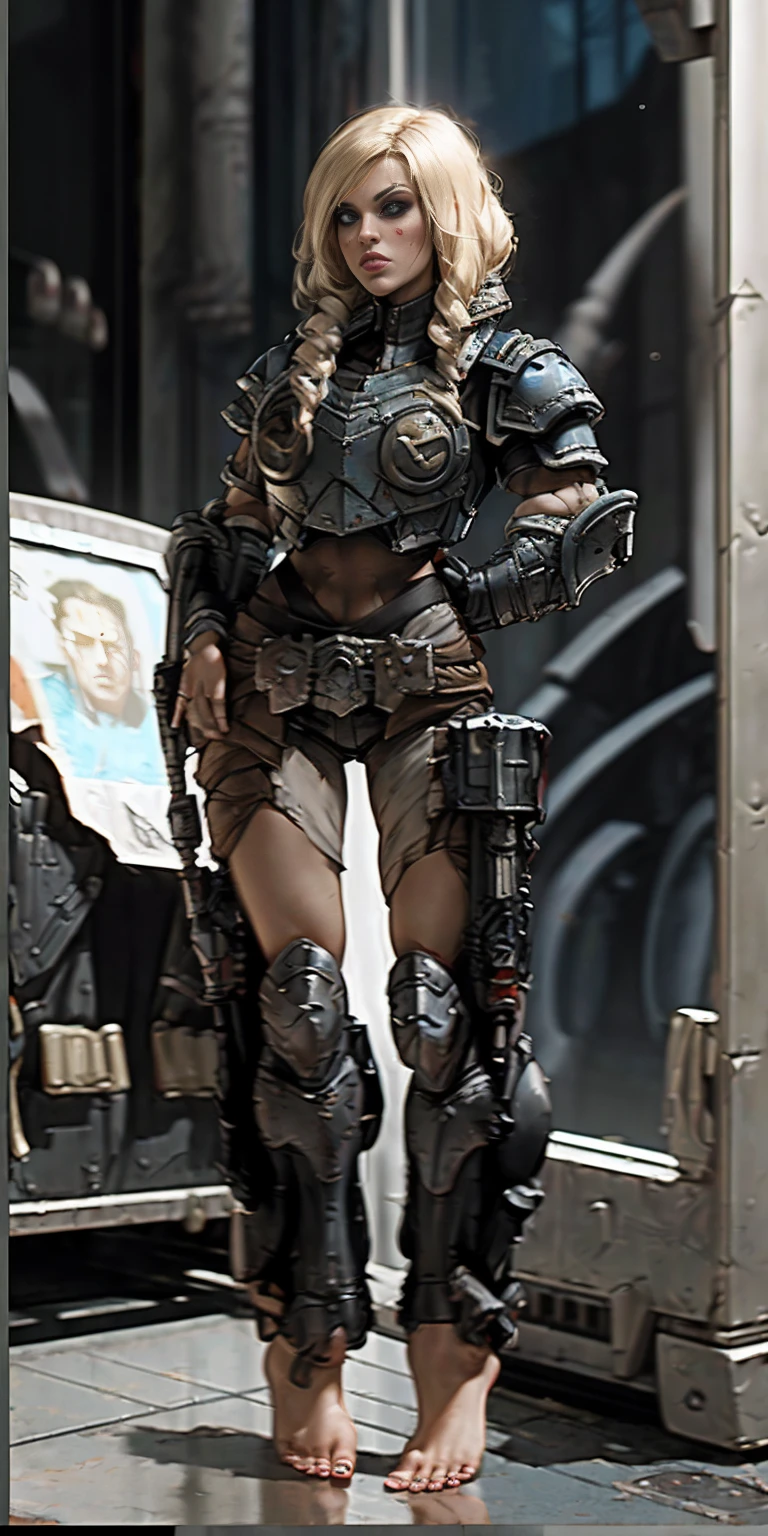 female warrior, warhammer sororita, Warhammer 40000: Boltgun, full body, ready for combat, heavy armor, barefoot
