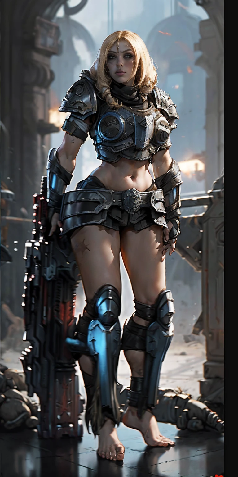 female warrior, warhammer sororita, Warhammer 40000: Boltgun, full body, ready for combat, heavy armor, barefoot
