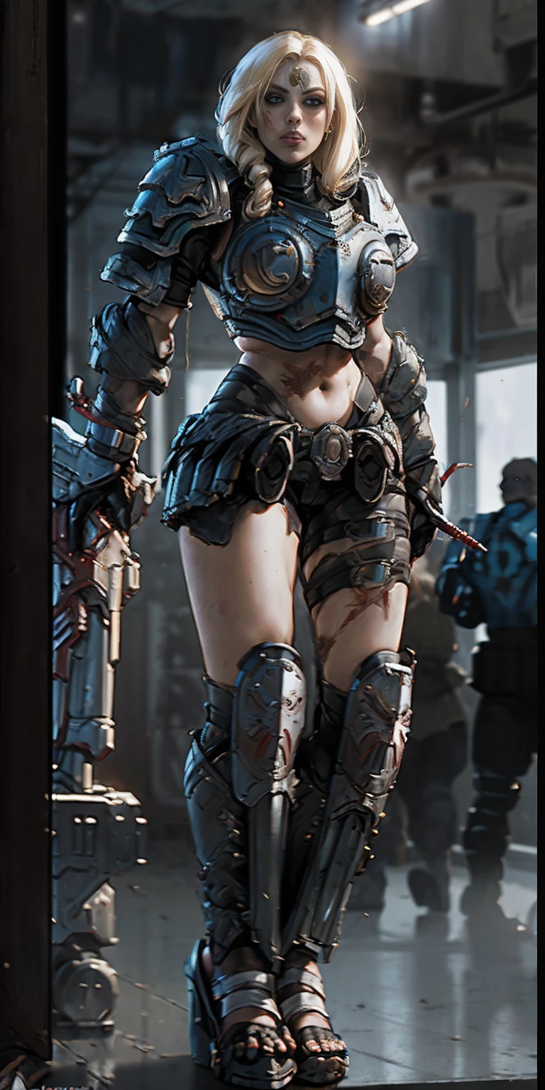 female warrior, warhammer sororita, Warhammer 40000: Boltgun, full body, ready for combat, heavy armor, barefoot
