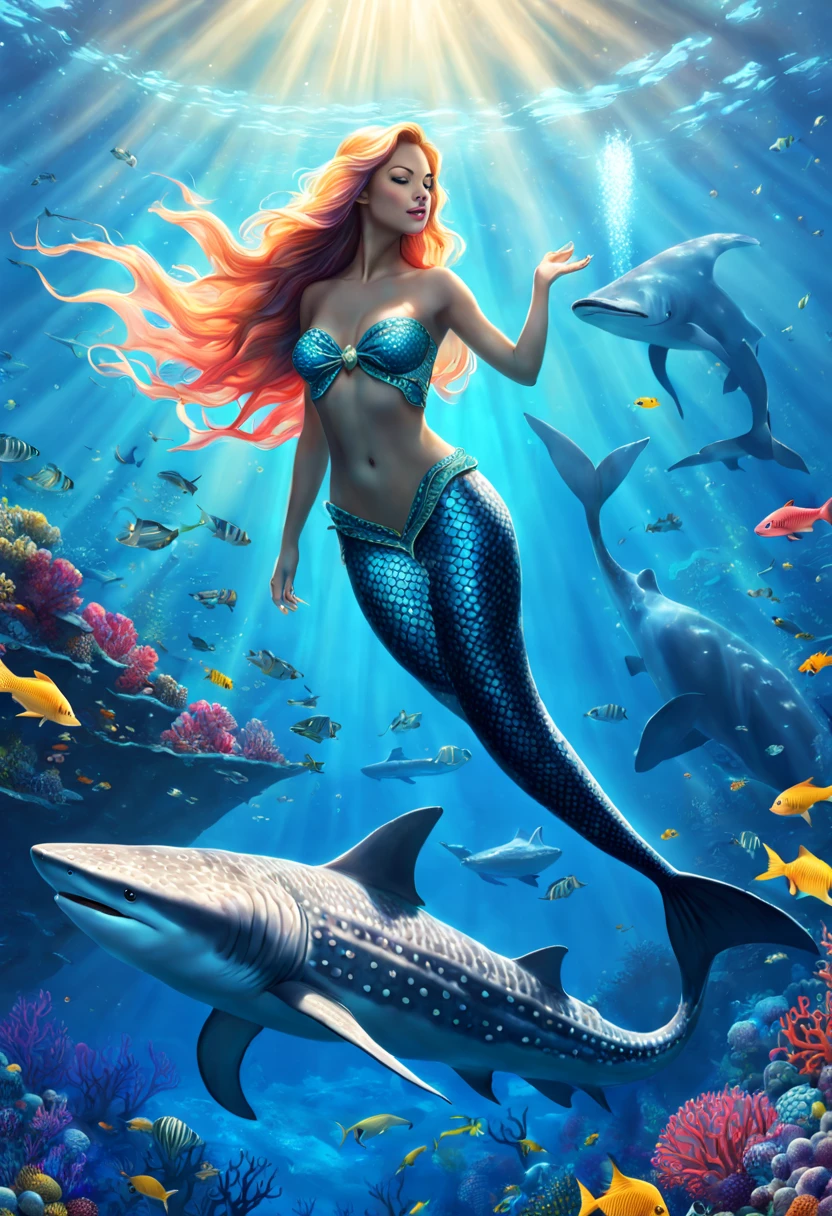 breathtaking A fantasy digital illustration of a mermaid gracefully swimming alongside a whale shark, vibrant coral reef below, rays of sunlight beaming down, colorful fish surrounding them, mystical and serene . award-winning, professional, highly detailed