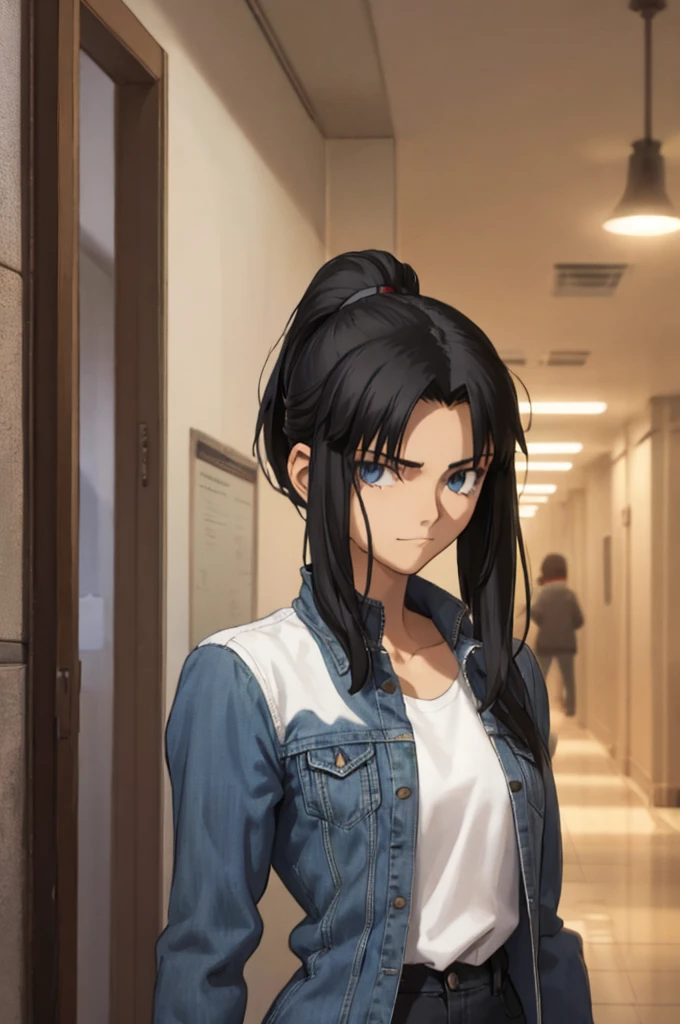 (masterpiece), 1girl, best quality, expressive eyes, perfect face, ambient lighting, smooth, elegant, featured on pixiv, a girl inside school hallway, collarbone, soft expression, slight smile, black hair, ponytail , mature face , tall and slender, denim jacket, white shirt, black jeans
