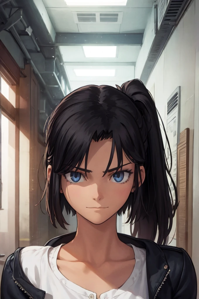 (masterpiece), 1girl, best quality, expressive eyes, perfect face, ambient lighting, smooth, elegant, featured on pixiv, a girl inside school hallway, collarbone, soft expression, slight smile, black hair, ponytail , mature face , tall and slender, denim jacket, white shirt, black jeans
