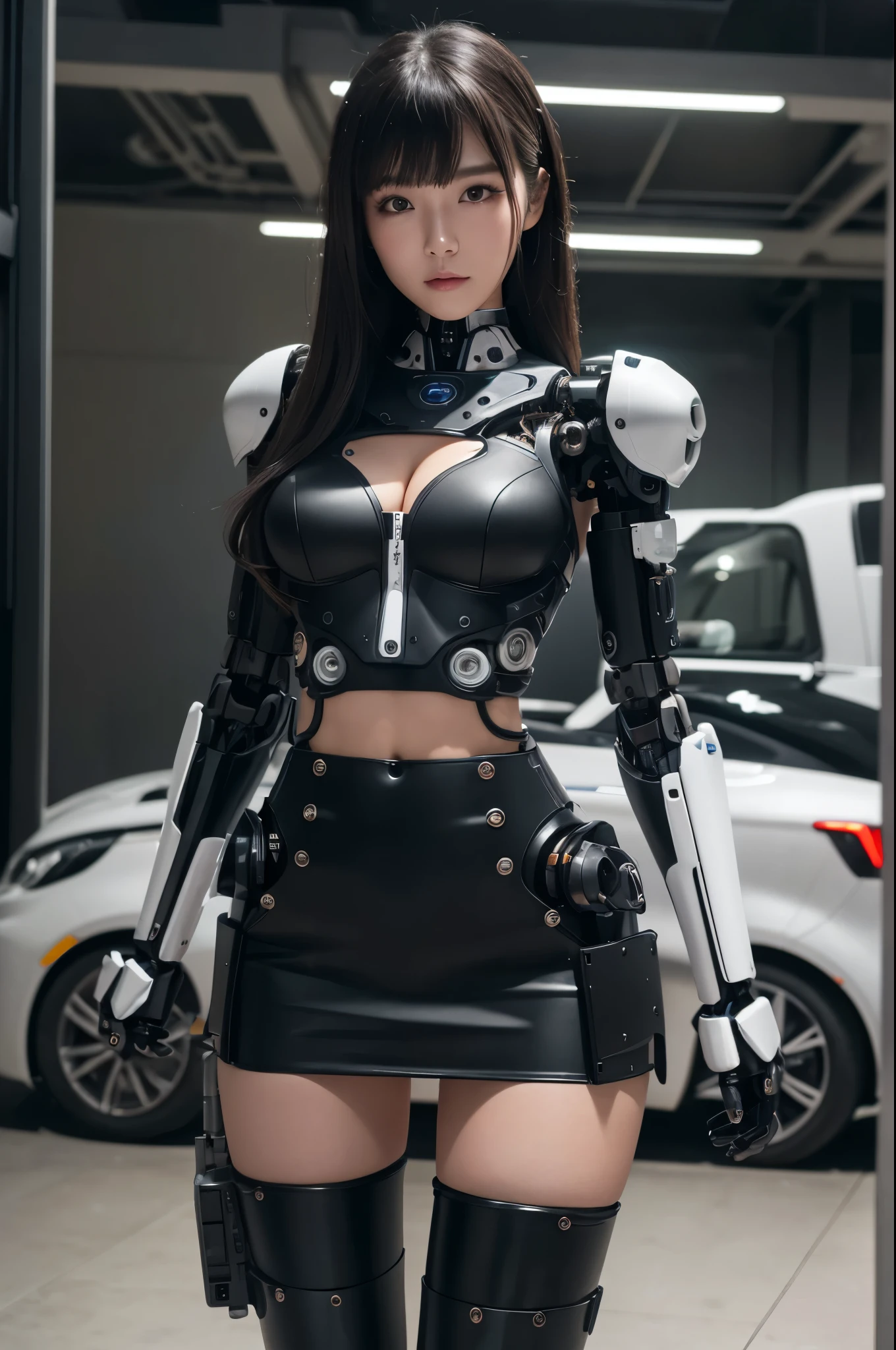 masutepiece, Best Quality, Extremely detailed, (Photorealistic:1.4), (8K, 4K, Best Quality, hight resolution, 超A high resolution:1.1), 8K portrait,1girl in, Japaese Cyborg Girl,Plump , announcer,control panels,android,Droid,Mechanical Hand, ,Robot arms and legs, Black Robot Parts,Black hair,Mechanical body,Blunt bangs,White Robotics Parts,perfect robot woman,Charging spot,Long Tube,A thick cable was connected to her neck,ceramic body ,Mechanical body, mechanical ear covers,android,robot humanoid,loose boots,dark black leggings,tight skirt,a bit chubby,panty,full eyes,She is exhibits,She is exhibited on exhibition hall,perfect cyborg girl