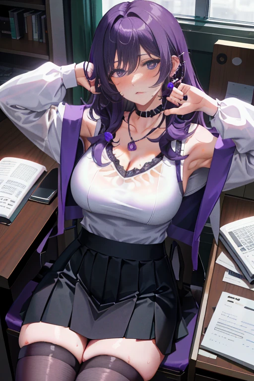 Keqing, genshin impact, 1 girl, alone, ((white shirt)), black Thighhighs, huge breasts, big breasts, cleavage, uniform, office background, black skirt, pleated skirt, office, hair between eyes, messy hair, large chest, long hair, looking at the viewer, purple hair, choker, pierce, ear piercing, lip piercing, purple short nails, purple eyes, alone, Thighhighs, thighs, very long hair, ((masterpiece)), sitting, Chair, machine, computer on machine, name tag, id tag, indoor, blush, adult woman, Open your mouth small, Close ~ eyes,  cowboy shot, raise your arms, Pose that shows off your armpits, sweating, I can see through my clothes, 