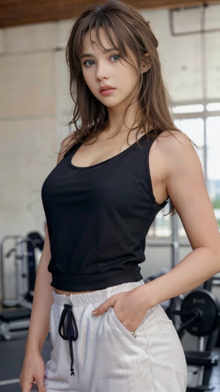 Female natural、blonde hair, dark tan skin, crystal blue eyes, loose=fitting black gym shirt-top 、Long trackpants、In the gymnasium working out